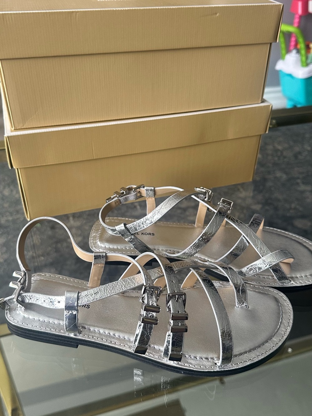 Michael Kors Metallic Silver Multi-Strap Flat Sandals